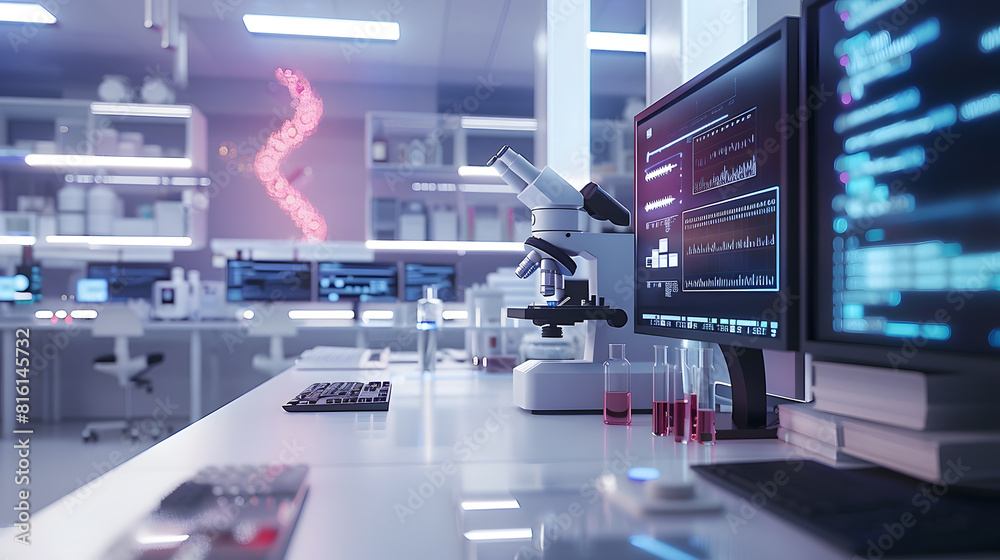 Poster Modern Empty Biological Applied Science Laboratory with Technological Microscopes Glass Test Tubes Micropipettes and Desktop Computers and Displays PCs are Running Sophisticated DNA Ca : Generative AI