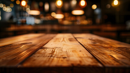 Empty wooden table with blurred background of cafe and restaurant : Generative AI