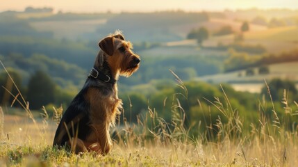 An Airedale Terrier sits overlooking a scenic view of the sunny countryside in a contemplative stance - Powered by Adobe