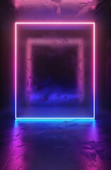 An abstract neon frame brightens a grunge-styled purple room, making for a compelling wallpaper and a potential abstract best-seller