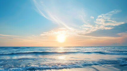 Obraz premium A vibrant sunrise seascape with a blue sky and sea. Perfect for coastal-themed wallpapers or nature-inspired designs.