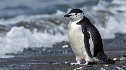 Obraz premium An engaging photo of a Chinstrap penguin against the rough textures of pebbly beach and frothy sea