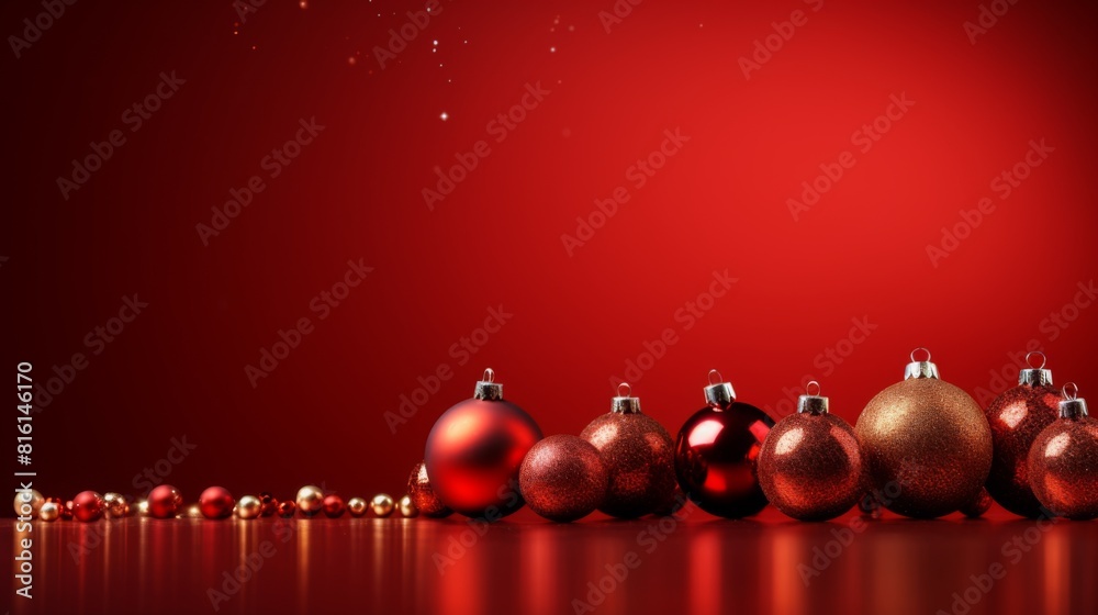 Wall mural a festive christmas concept with sparkling red baubles aligned on a red background with copy space