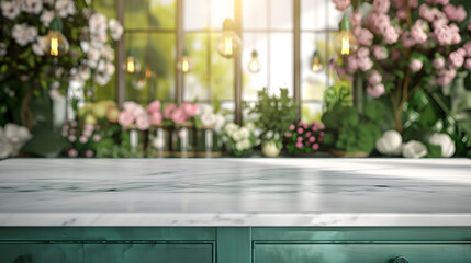 Empty kitchen island with marble surface in foreground green vintage countertop with drawers and pendant lights hanging above lots of flowers in jars blurred background : Generative AI