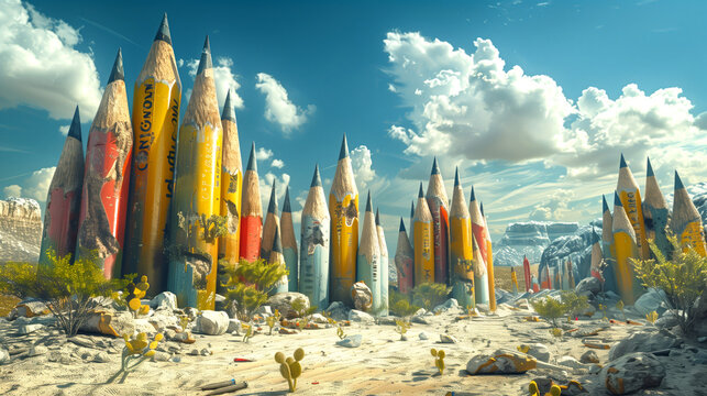 A desert landscape where cacti are replaced by towering pencils, their erasers buried deep in the sand