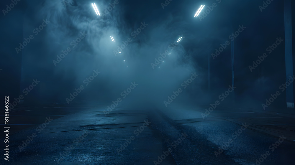 Poster a dark empty street dark blue background an empty dark scene neon light spotlights the asphalt floor