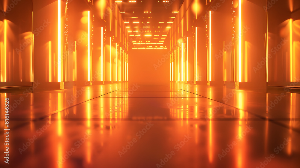 Poster empty dance floor in orange lighting with reflecting ground : generative ai
