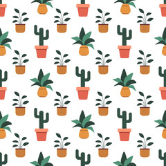 Seamless pattern with houseplants. Potted cactus. Flat vector illustration on white background. 
