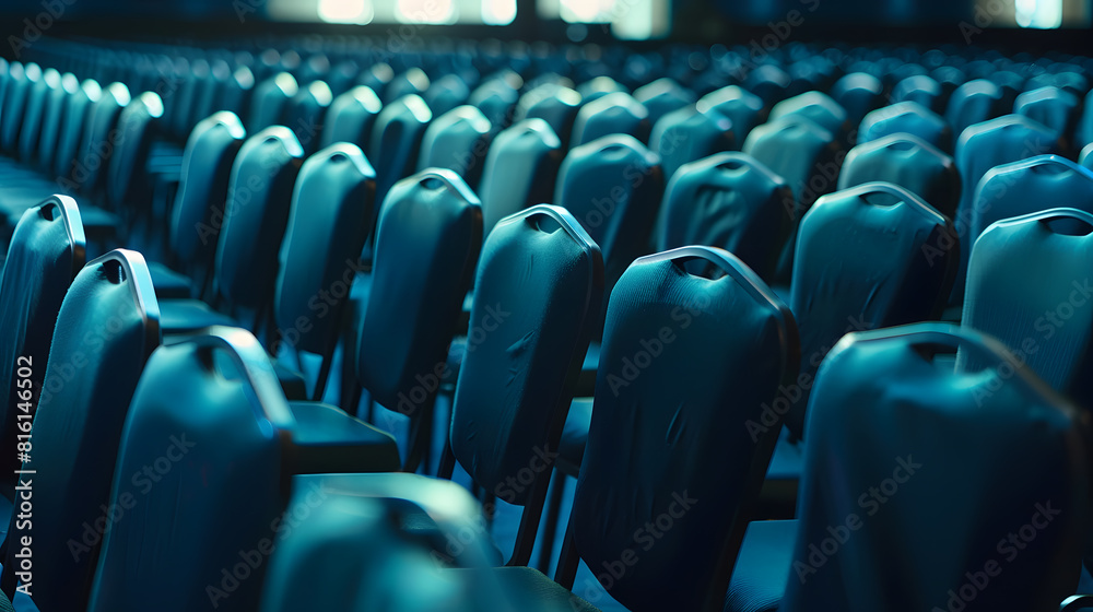 Poster rows of empty chairs in large conference hall for corporate convention or lecture : generative ai