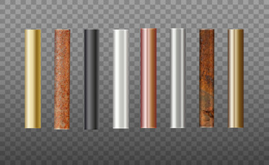 Pipes Set of metal. Pipe profiles in steel, cast iron, aluminum, copper and brass. Rusty Pipe. Vector