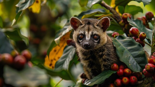A wild civet cat camouflaged among the coffee cherries and green leaves, showcasing a natural habitat scene