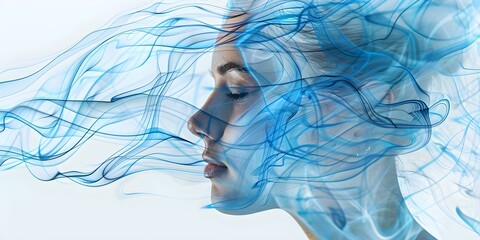 Exploring Mental Health Struggles Through Abstract Double Exposure of Woman's Face and Smoke. Concept Mental Health Struggles, Abstract Art, Double Exposure, Woman's Face, Smoke