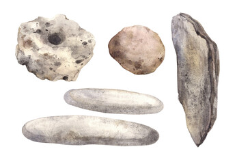 A set of various natural stones with uneven and smooth edges. Solid elements of origin. Hand drawn watercolor illustration in realistic style. Drawing for labels, cards, souvenirs, spa, design
