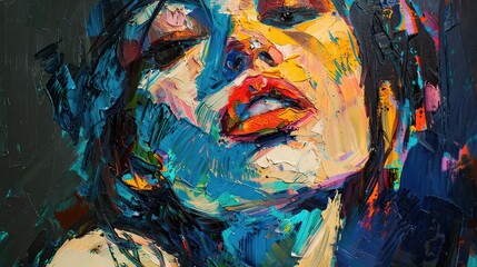 Abstract picture of a beautiful woman. Conceptual closeup of an oil painting and palette knife on canvas.