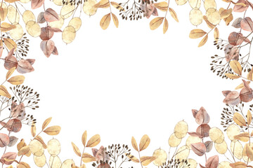 Dried flowers of lagurus, red and yellow eucalyptus and other dried flowers. Rectangular botanical watercolor frame on isolated background. Frame for textiles, wallpaper, weddings, cards, invitations