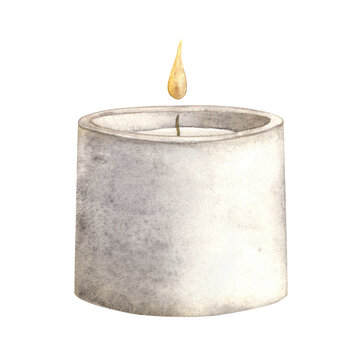 recommend clip art: Wax candle in plaster mold with fire. Isolated watercolor illustration in modern minimalist style. Hand drawn composition for interior, poster, cards, wedding design, invitations.
