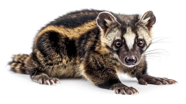 An adorable image of a spotted genet sitting and facing the camera, its curious eyes and unique fur pattern are the highlights giving it a plush-toy appeal