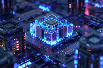 A computer chip is surrounded by a motherboard
