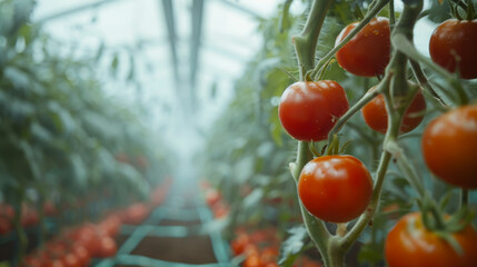 Red and green selected tomatoes in a greenhouse