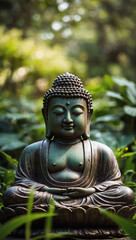 Tranquil Buddha Statue Surrounded by Verdant Zen Landscape