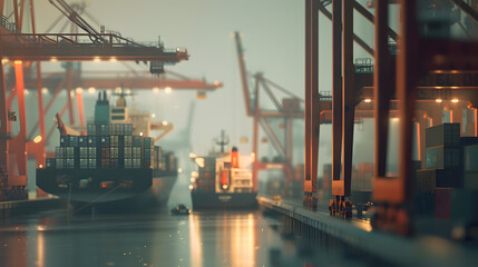 Fototapeta premium Empty dockyard with container ship and cranes waiting to load merchandise : Generative AI