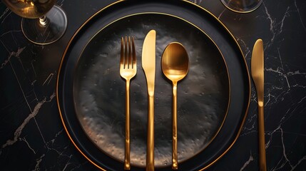 Golden utensils on a black plate, a luxurious dining experience.
