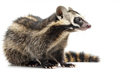 Fototapeta premium An engaging genet licking its paw, meticulously grooming itself with a blurred face, emphasizes its natural behavior on a white backdrop