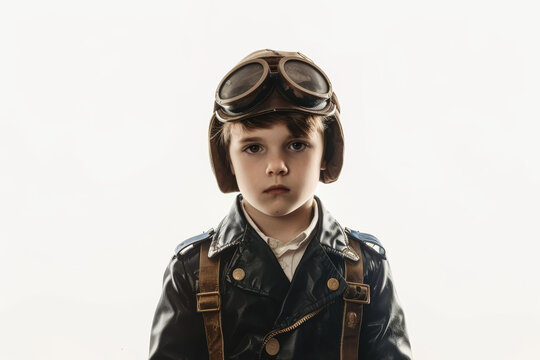 A serious boy in a pilot uniform, standing alone against a white background, devoid of surroundings. Concept of aspiring to fly and adventure. Generative Ai.
