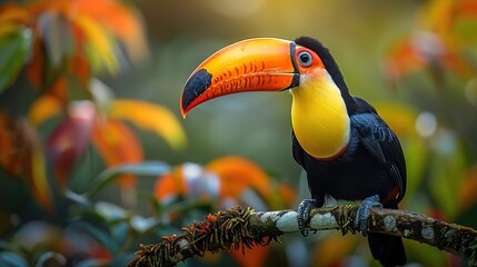 Obraz premium Tropical toucan in amazon rainforest blur background.
