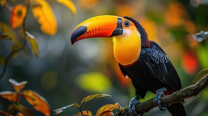 Obraz premium Bird Toucan sitting on a branch. Toucans with their huge beak colorful blur background.