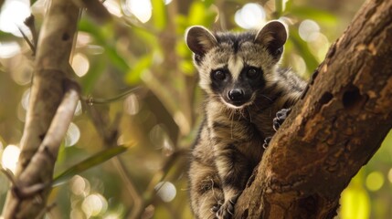 Obraz premium Serene image of a raccoon perched calmly on a tree branch, looking pensively into the distance in its natural forest surroundings