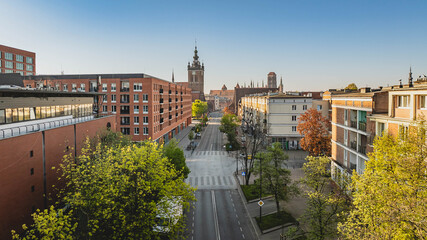 Church of St. Catherine in Gdańsk. Old Town. View from the drone. Spring time.