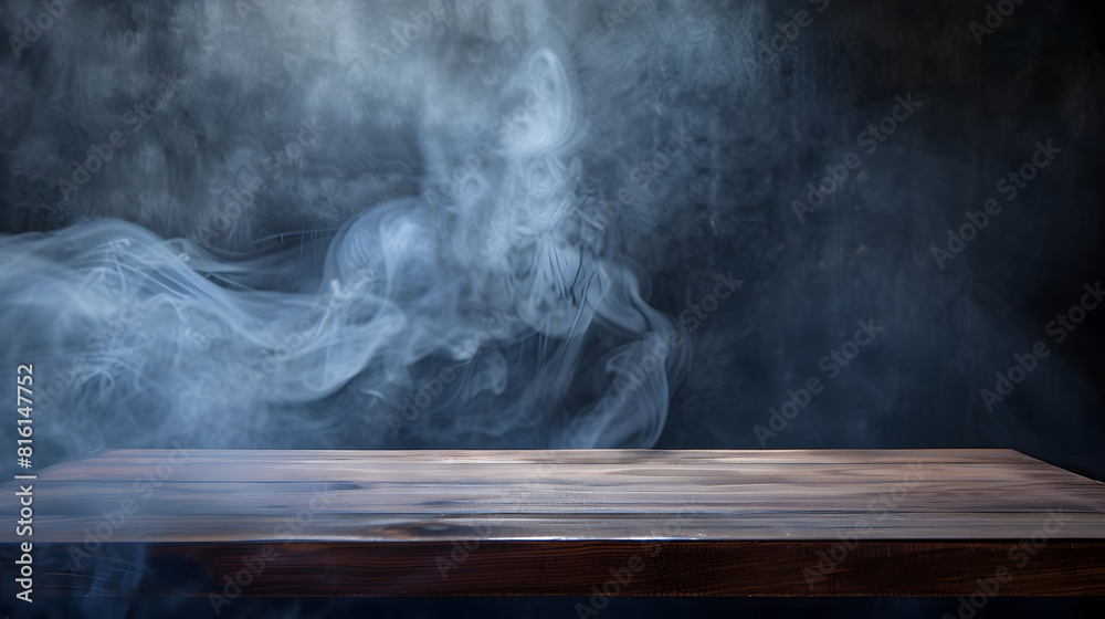 Poster empty wooden table with smoke float up on dark background Empty Space for display your products : Generative AI