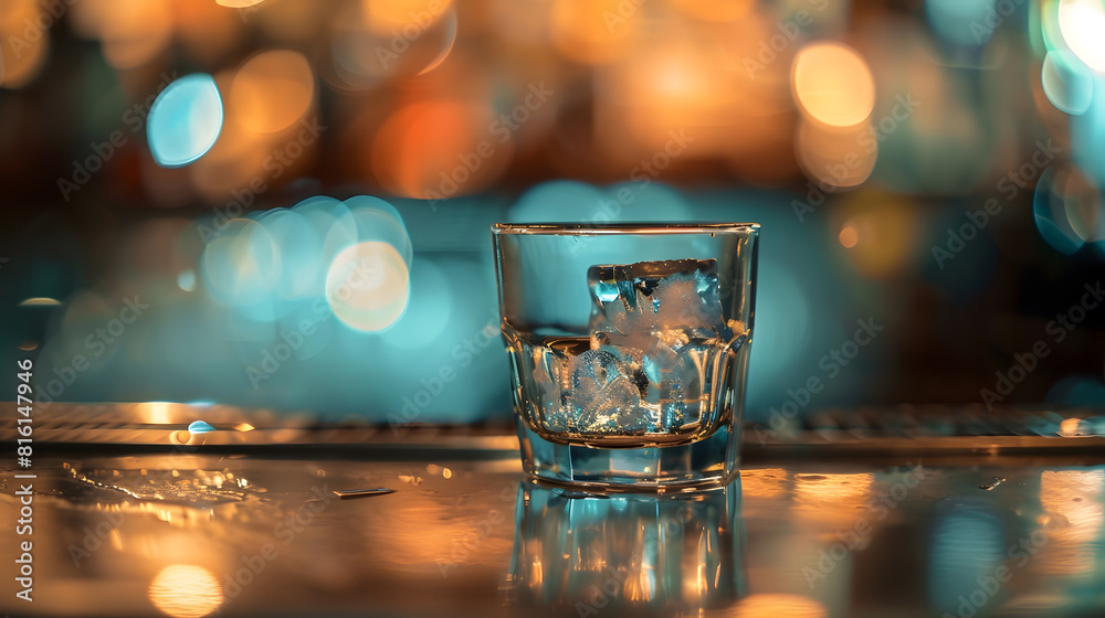 Aufkleber ice cube in an empty glass on a bar counter in bar or pub : Generative AI
