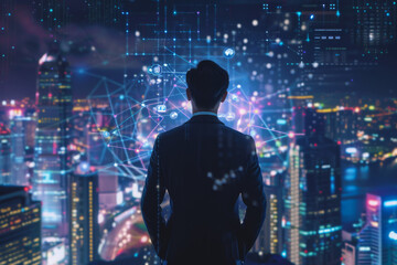 A man in a suit looks out over a city at night