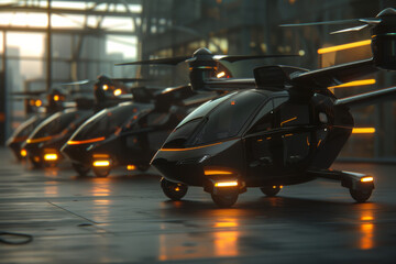 A row of futuristic vehicles are parked in a warehouse