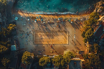 Aerial view of a luxury beach volleyball tournament with professional players