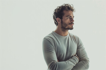 Obraz premium A contemplative man with a thoughtful expression, standing alone against a plain white backdrop, devoid of surroundings. Concept of introspection and reflection. Generative Ai.