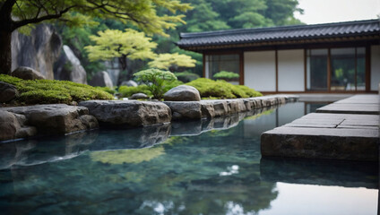 Tranquil Japanese Oasis, Indoor Stone and Water Garden Amidst Modern Architecture.