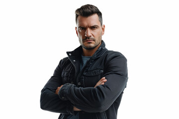 A stern man with folded arms and a serious gaze, detached from the surroundings, extracted from the background, with no background. Concept of authority and determination. Generative Ai.