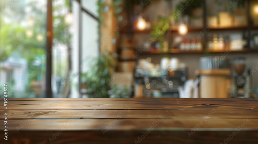 Poster Selected focus empty brown wooden table and Coffee shop blur background with bokeh image for your photomontage or product display : Generative AI