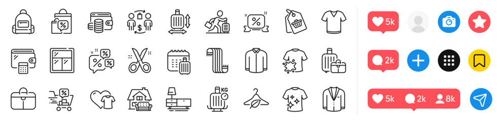 Window, Wallet money and Scarf line icons pack. Social media icons. Baggage scales, Scissors, Sale tag web icon. Clothing, Wallet, Discounts chat pictogram. Travel delay, Clean t-shirt, Shirt. Vector