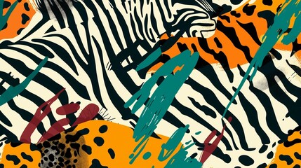 Abstract vibrant pattern with mix of zebra and tiger  stripes and leopard spots with dynamic brush strokes. Colorful illustration. Print design.