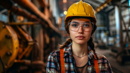 A woman wearing a yellow helmet and safety glasses stands in front of a yellow machine. She is wearing an orange shirt and a plaid shirt