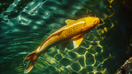 Golden koi carp swimming in the pond,style of cinematic photography Chinese, retro style