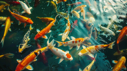 Golden koi carp swimming in the pond,style of cinematic photography Chinese, retro style