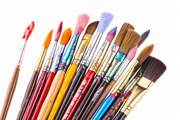 A colorful palette of paintbrushes isolated on a plain white background, separated from the environment, with no background. Concept of creativity and artistry. Generative Ai.