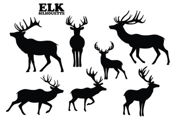 Elk silhouette collection. Set of black Elk silhouette. Elk silhouette set.
