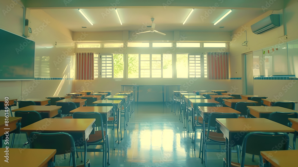 Poster lecture room or school empty classroom with desks and chair iron wood for studying lessons in high s