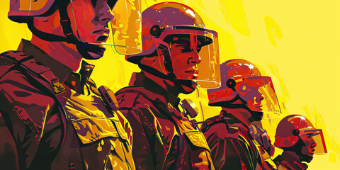 Obraz premium Negotiation (Yellow): Represents the process of negotiation between police and protest organizers to address concerns and facilitate peaceful demonstrations.